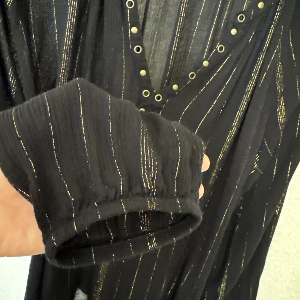 Metallic Striped Top  Night Blouse Black Gold Long Sleeve V-neck Women’s Size L - Picture 10 of 14